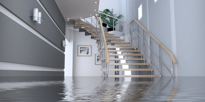 Eine elegante Treppe aus Holz und Metall führt in einen hellen Raum, während der Boden mit Wasser bedeckt ist.